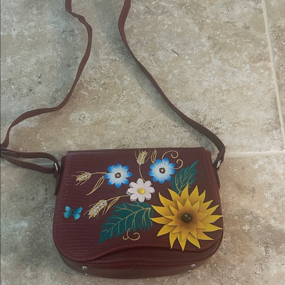 Floral Embroidered Burgundy Crossbody Bag
